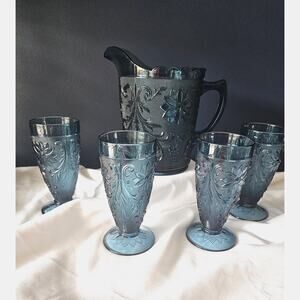 Tiara Sandwich Colonial Blue Pitcher & 4 Ice Tea Goblets